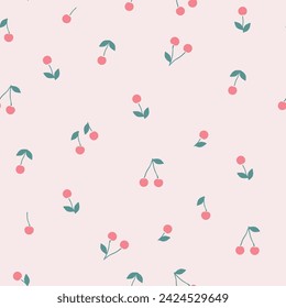 Vector seamless cherry pattern on a light pink background. Hand-drawn illustration of summer fruits. The fresh design is great for wallpaper or gift wrapping.