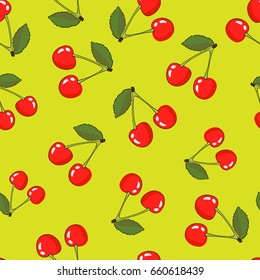 Vector seamless cherry  texture on a green background.