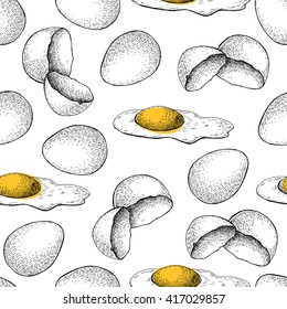 Vector seamless chicken scrambled egg pattern. Engraved style illustration. Morning meal background. Chicken farm product