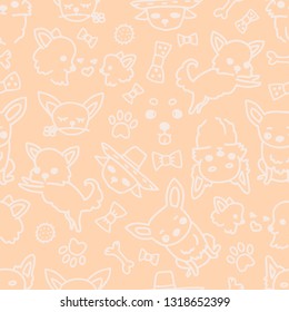 Vector seamless chihuahua colorful pattern, dog poses, toys and dog breed. Drawn by hand illustrations of cute doodle little dogs and toys on orange background. Simple sketches of small dogs faces.