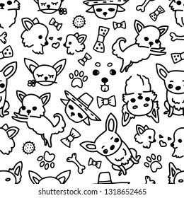 Vector seamless chihuahua pattern, dog poses, dog breed. Drawn by hand illustrations of cute doodle little dogs and toys. Simple sketches of small dogs faces.