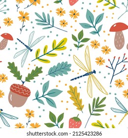vectorial sin costura infantil brillante patrón de bosque con hojas libélula bellotas flores sobre fondo blanco