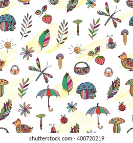 Vector seamless childish colorful pattern background with toys, leaves, baskets, birds, mashrooms. Hand drawn doodle pencil drawing