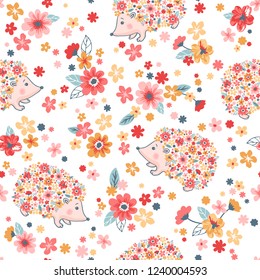 Vector seamless childish floral pattern with flowers and cute hedgehogs on pink background