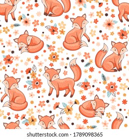 Vector seamless childish floral pattern with meadow flowers and cute cartoon red foxes on white background