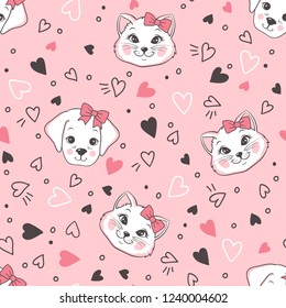 Vector seamless childish funny pattern with hearts and cute cartoon cats and dogs on pink background