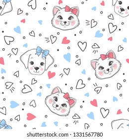 Vector seamless childish funny pattern with hearts and cute cartoon cats and dogs on white background