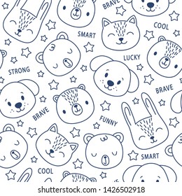 Vector seamless childish funny pattern with stars and cute cartoon animals. Blue doodle cat, bear, rabbit and dog on white background