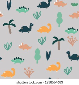 Vector seamless childish pattern with colorful dinosaurs, plants, palm tree, flowers. Cute hand drawn dino in scandinavian style. Vector illustration in flat design.