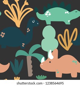 Vector seamless childish pattern with colorful dinosaurs, plants, palm tree, flowers. Cute hand drawn dino in scandinavian style. Vector illustration in flat design.
