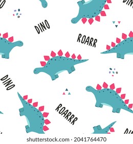 Vector seamless childish pattern with colorful dinosaurs. Baby background for nursery, wrapping paper, fabric, textile. Funny little dinosaur.