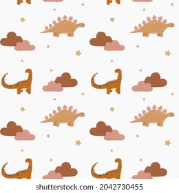 Vector seamless childish pattern with colorful dinosaurs. Baby background for nursery, wrapping paper, fabric, textile. Funny little dinosaur.