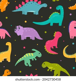 Vector seamless childish pattern with colorful dinosaurs. Baby background for nursery, wrapping paper, fabric, textile. Funny little dinosaur.