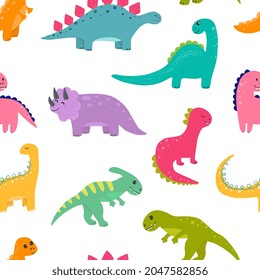 Patrón infantil vectorial sin fisuras con dinosaurios coloridos. Fondo del bebé para vivero, papel de envoltura, tela, textil. Pequeño y gracioso dinosaurio.