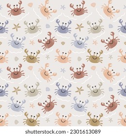 Vector seamless childish pattern with colorful crabs, shells and starfish on a blue background. Suitable for baby prints, nursery decor, wallpaper, wrapping paper, stationery, scrapbooking, etc.
