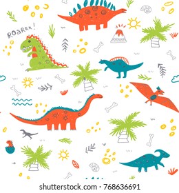 Vector seamless childish pattern with colorful dinosaurs, vulcan, palm tree, shell. Can be printed and used as wrapping paper, wallpaper, fabric, textile, background, etc