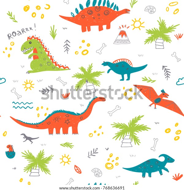 カラフルな恐竜 ハゲ ヤシの木 貝殻を含むシームレスな子どものベクター画像 包装紙 壁紙 布地 繊維 背景などとして印刷 使用可能 のベクター画像素材 ロイヤリティフリー