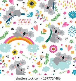 Vector seamless childish pattern with cute koala. Creative baby background, good for fabric texture, prints, wrapping paper, kids apparel