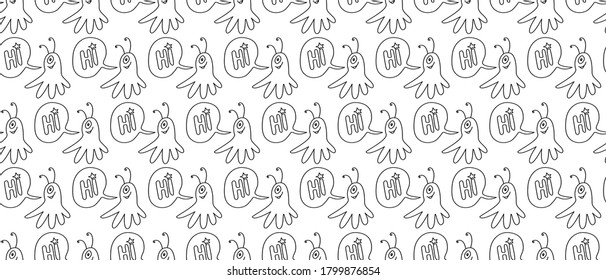 Vector seamless childish pattern with cute outline monsters aliens, space doodles. Background and texture for fabric, wrapping, wallpaper, textile, apparel, cover, coloring book