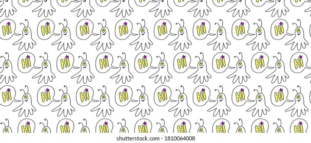 Vector seamless childish pattern with cute outline monsters aliens, space doodles. Background and texture for fabric, wrapping, wallpaper, textile, apparel, cover, coloring book