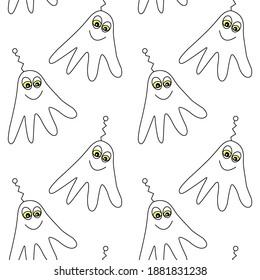 Vector seamless childish pattern with cute outline monsters aliens, space doodles. Background and texture for fabric, wrapping, wallpaper, textile, apparel, cover, coloring book