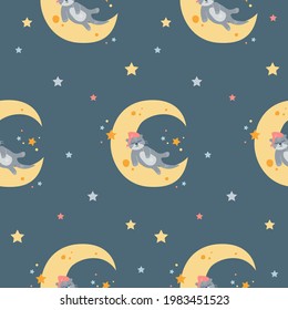 Vector seamless childish pattern with a cute cartoon otter sleeps on the moon on a dark blue background. 