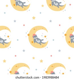 Vector seamless childish pattern with a cute cartoon otter sleeps on the moon on a white background. 