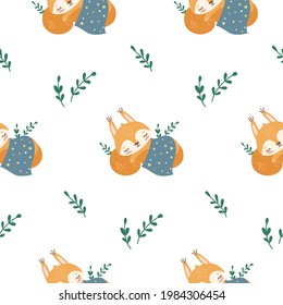 Vector seamless childish pattern with a cute squirrel sleeps covered with a blanket on a white background. 