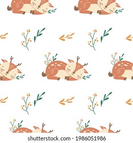 Vector seamless childish pattern with a cute sleeping baby deer on a white background. 