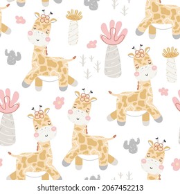 Vector seamless childish pattern with cute baby giraffe and palms.Scandinavian texture for fabric, nursery, baby shower, textile, wallpaper, wrapping paper.Kids tropical animals hand drawn print