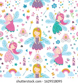 Vector seamless childish pattern with fairy, flowers,rainbow and other elements. Fairy with a magic wand vector illustration. Seamless pattern with cartoon fairy for kids, girl.