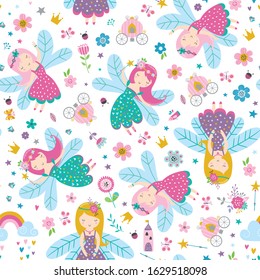 Vector seamless childish pattern with fairy, flowers,rainbow and other elements. Fairy with a magic wand vector illustration. Seamless pattern with cartoon fairy for kids, girl.