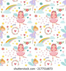 Vector seamless childish pattern with fairy, flowers,rainbow and other elements. Fairy with a magic wand vector illustration. Seamless pattern with cartoon fairy for kids, girl. EPS