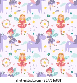 Vector seamless childish pattern with fairy, flowers,rainbow and other elements. Fairy with a magic wand vector illustration. Seamless pattern with cartoon fairy for kids, girl. EPS