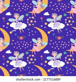 Vector seamless childish pattern with fairy, stars, moon and other elements. Fairy with a magic wand vector illustration. Seamless pattern with cartoon fairy for kids, girl. EPS