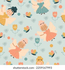 Vector seamless childish pattern with fairy, flowers,rainbow and other elements. Fairy with a magic wand vector illustration. Seamless pattern with cartoon fairy for kids, girl.