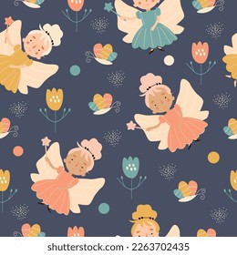 Vector seamless childish pattern with fairy, flowers,rainbow and other elements. Fairy with a magic wand vector illustration. Seamless pattern with cartoon fairy for kids, girl.