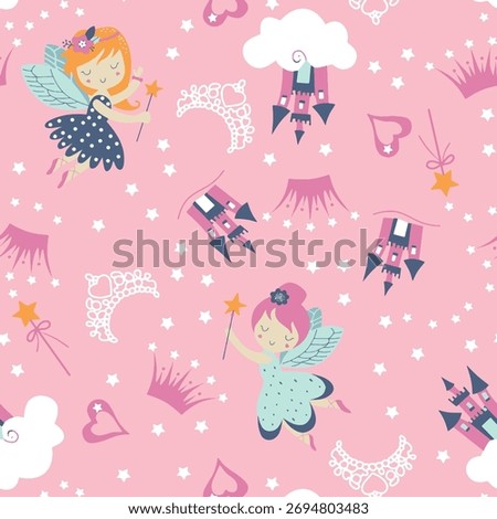 Vector seamless childish pattern with fairy stars moon and other elements fairy with a magic wand vector illustration seamless pattern with cartoon fairy for kids girl eps

