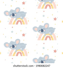 Vector seamless childish pattern with a little сute koala sleeping on a rainbow isolated on a white background. Perfect for a poster, nursery clothing, postcard,  pyjamas, print.