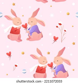 Vector Seamless Childish Pattern with a Little Cute Rabbits in Love. Kids Texture for Wallpaper, Wrapping, Fabric, Textile. Valentine's day background on pink.