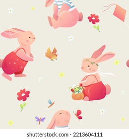 Vector seamless childish pattern with a little сute Bunny. Spring or summer background with flowers and butterflies. Kids Texture for Wallpaper, Wrapping, Fabric, Textile. Easter background on beige.