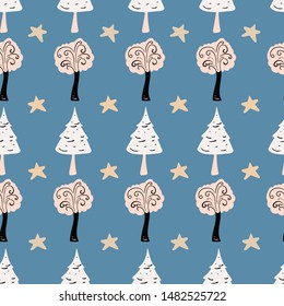 vector seamless childish pattern with night forest. Great for wallpaper,backgrounds,gifs,surface pattern design,packaging design projects, stationary,fabric. 