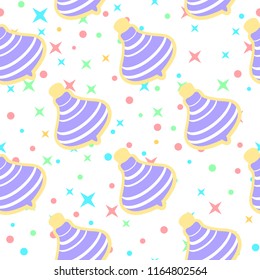Vector seamless childish pattern with peg-tops on backdrop with stars and dots. Can be used for print on clothes for boys and girls, package, banner, wrapping paper, card. EPS10.