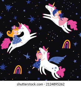 Vector seamless childish pattern with princess, unicorns, stars, rainbow and other elements. Fairy hugging unicorn vector illustration. Seamless pattern with cartoon princess for kids, girl.