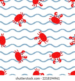 Vector seamless childish pattern with red crabs on a white background with blue wavy lines. Suitable for baby prints, nursery decor, wallpaper, wrapping paper, stationery, scrapbooking, etc.