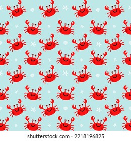 Vector seamless childish pattern with red crabs, white shells and starfish on a blue background. Suitable for baby prints, nursery decor, wallpaper, wrapping paper, stationery, scrapbooking, etc.