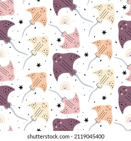 
Vector seamless childish pattern with sea animals. Pattern with colorful stingrays in scandinavian style on a white background. Perfect for textiles, children's clothing, wallpaper, wrapping paper.