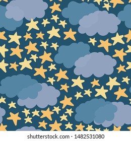 vector seamless childish pattern with stars and clouds. Great for wallpaper,backgrounds,gifs,surface pattern design,packaging design projects, stationary,fabric.