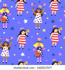 Vector seamless childish pattern with three girls on blue background. USA Independence Day July 4th.