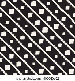 Vector Seamless Childlike Pattern. Abstract Background With Brush Lines. Monochrome Hand Drawn Geometric Shapes Texture